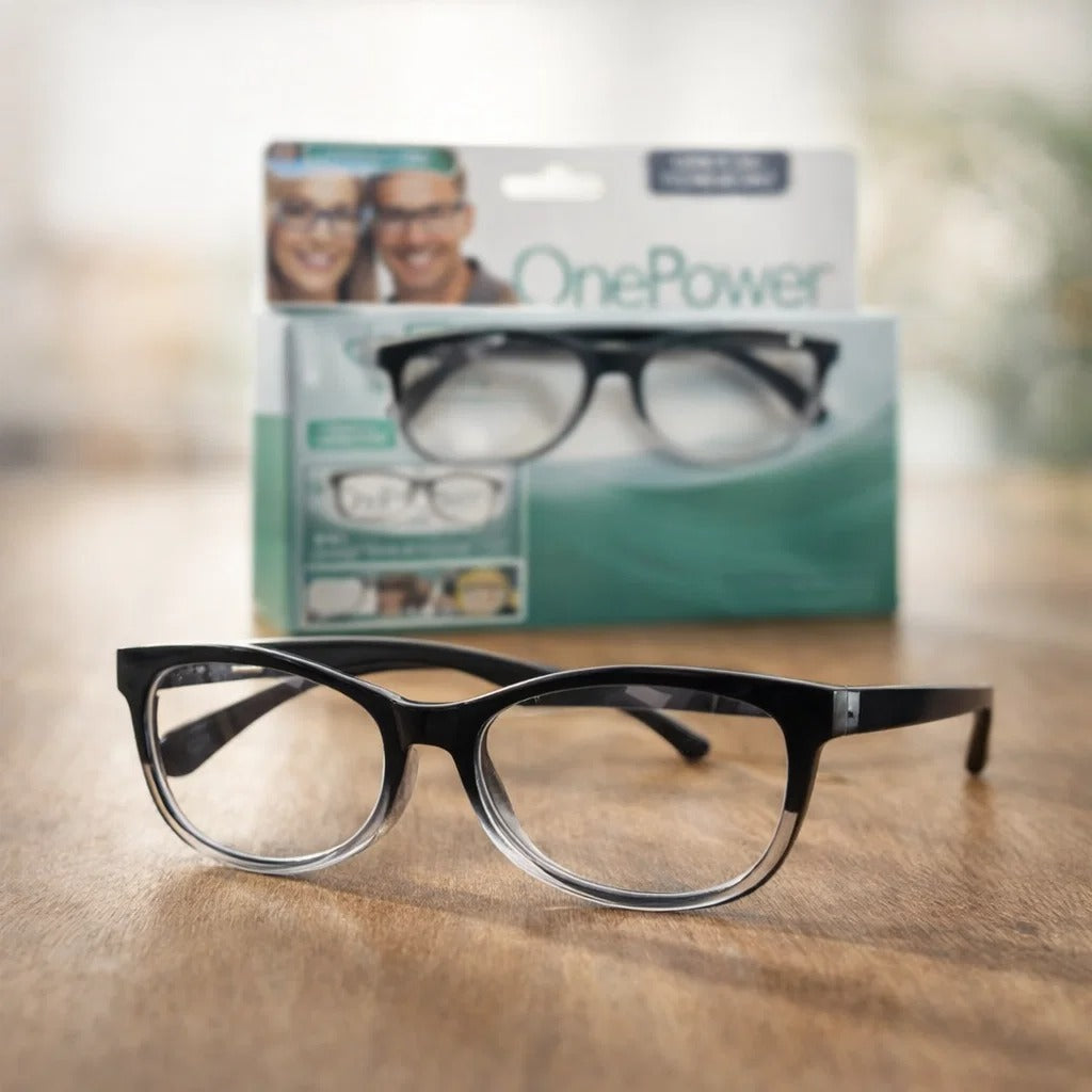 Lentes One Power con su caja, montura negra y transparente